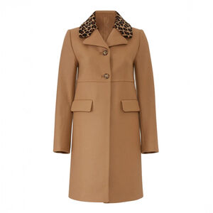 Tara Jarmon Camel 100% Wool Coat Removable Leopard Faux Fur Collar $795 - FR 38